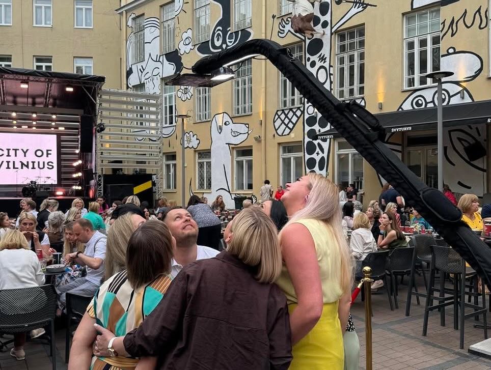 Lauko renginio svečiai dalyvauja interaktyvioje pramogoje šalia scenos